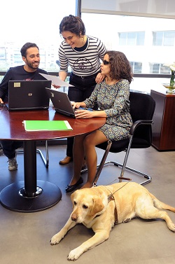 Una persona ciega en su puesto de trabajo junto a su perro guía