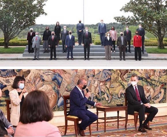 Arriba, foto de familia de la PTS con el Rey. Abajo, momento de la reunión en el interior de La Zarzuela.