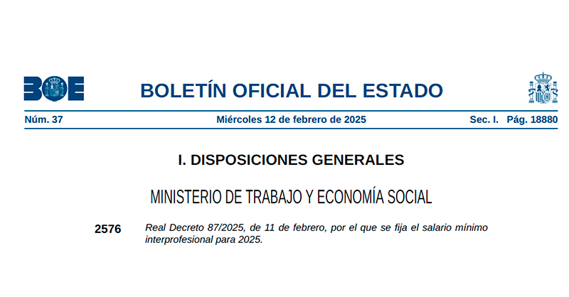 Encabezado del Real Decreto 87/2025, de 11 de febrero, por el que se fija el salario mínimo interprofesional para 2025