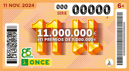 Cupón preimpreso del 11/11 de la ONCE. Gana hasta 11.000.000 € por 6 €