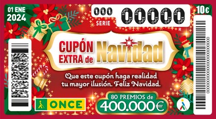 Cupón preimpreso del Extra de Navidad de la ONCE. 80 premios de 400.000 € por 10 €