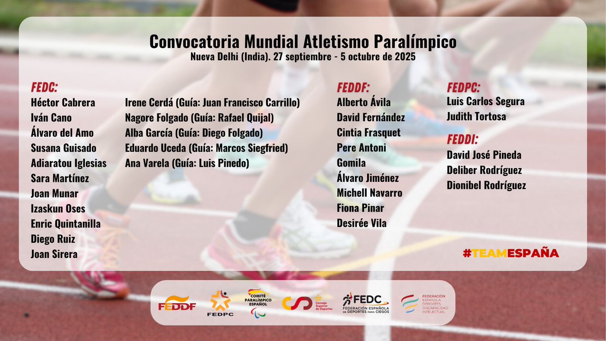 Convocatoria para el mundial de atletismo paralímpico de nueva delhi