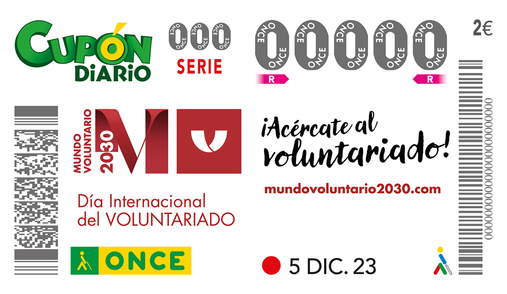 Cupón de la ONCE del 5 de diciembre del 2023 dedicado al Día Internacional del voluntariado