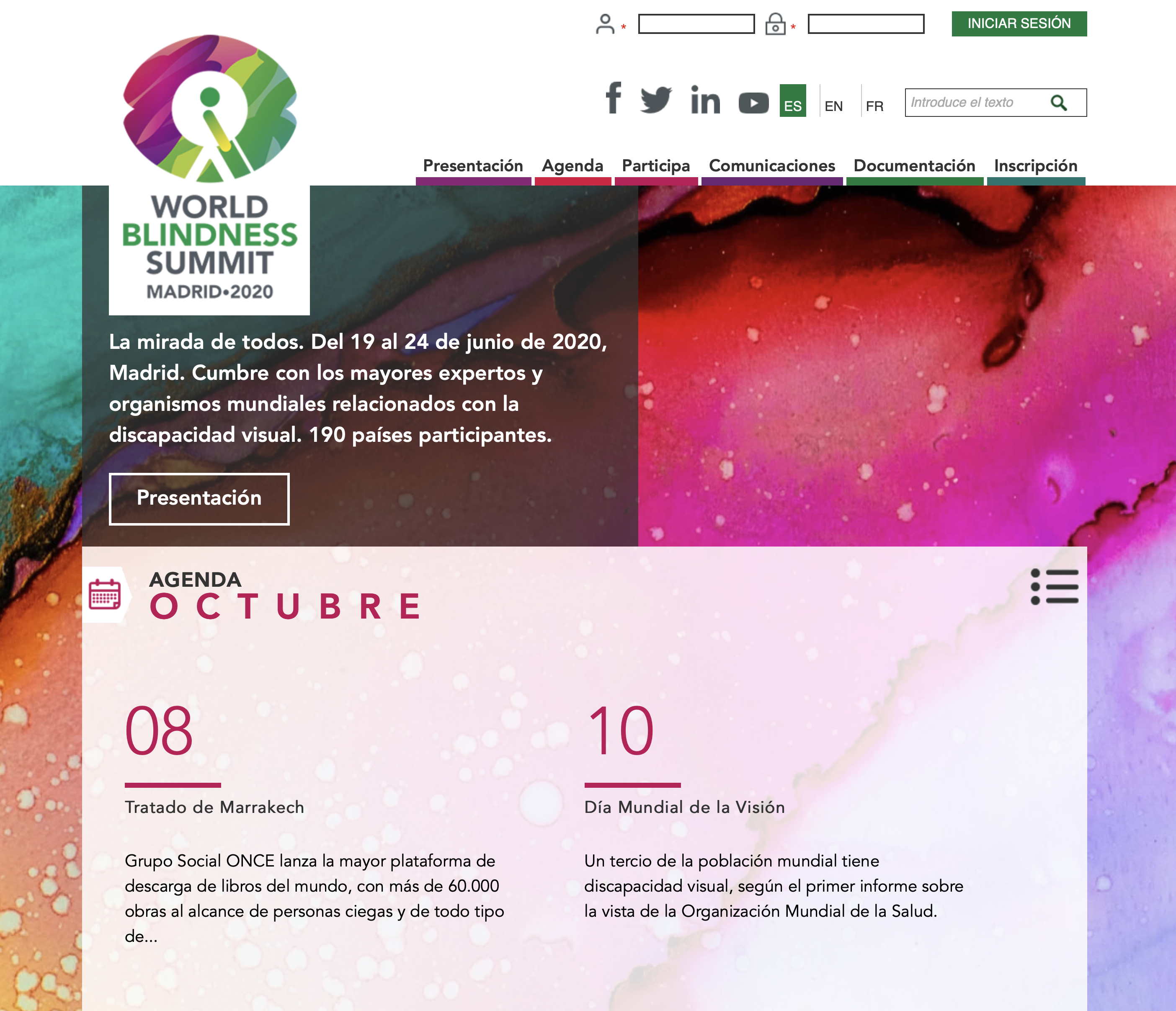 Captura de pantalla de la web de World Blindness Summit Madrid 2020
