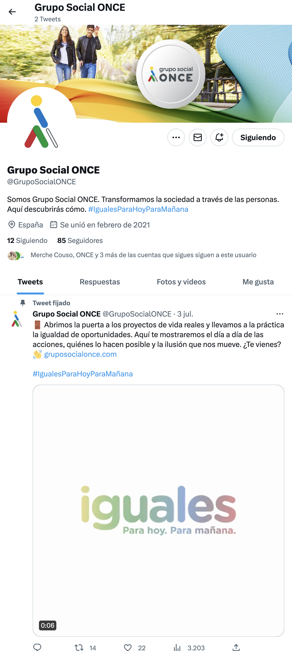 Una captura de pantalla del perfil de Twitter del Grupo Social ONCE