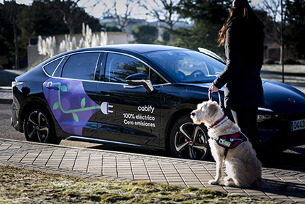 Usuaria de perro guía junto a un vehículo de Cabify