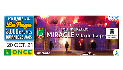 Cupón de la ONCE dedicado al 275 aniversario del Miracle de la Vila de Calp Alicante