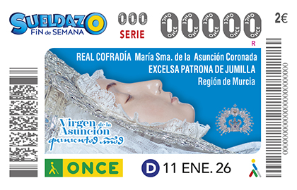 Cupón de la ONCE dedicado al 500 aniversario de la Cofradía Patrona Santísima Virgen de la Asunción, de Jumilla