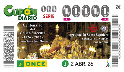 Cupón de la ONCE dedicado al El Centenario del Cristo Yacente de la Cofradía Marraja, de Cartagena