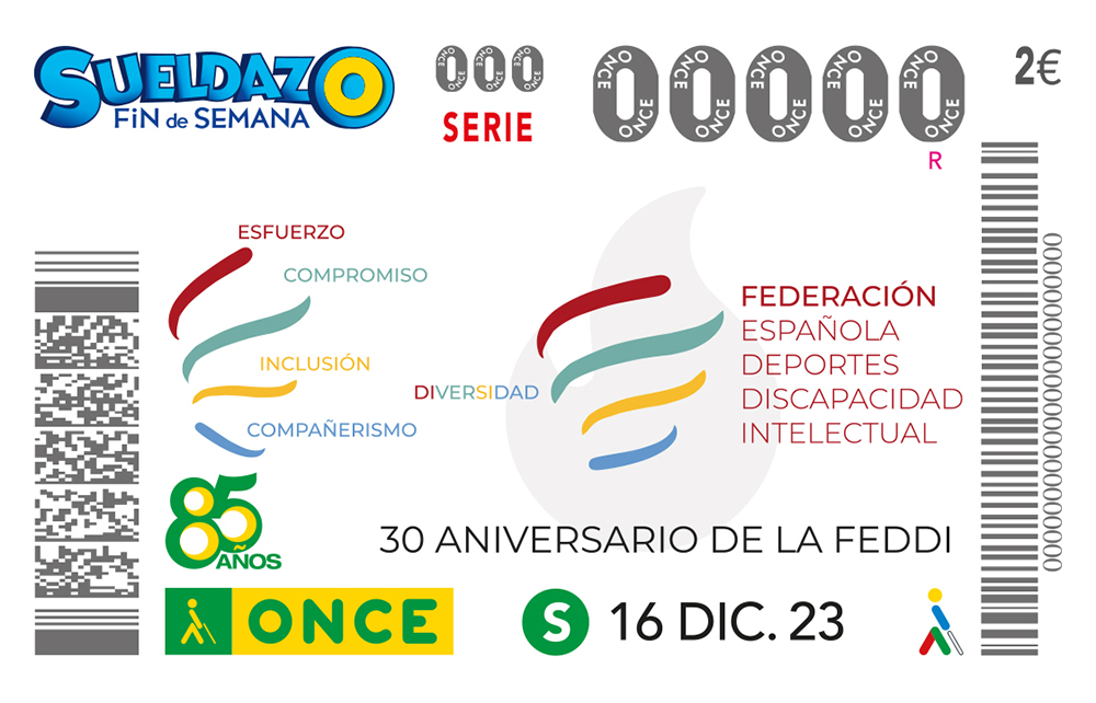 Cupón de la ONCE del 16 de diciembre de 2023 dedicado al 30 aniversario de La Federación Española de Deportes para Personas con Discapacidad Intelectual