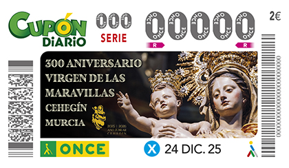 Cupón de la ONCE dedicado al 300 aniversario de la llegada de la Virgen de las Maravillas a Cehegín