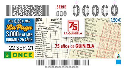 Cupón de la ONCE dedicado al 75 aniversario de La Quiniela