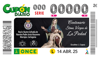 Cupón de la ONCE dedicado al Centenario de la llegada de la Santísima Virgen de la Piedad a Cartagena