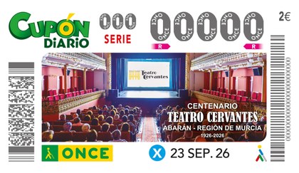 Cupón de la ONCE dedicado al Centenario del Teatro Cervantes, de Abaran, Región de Murcia