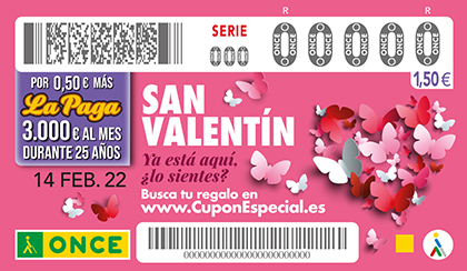 Cupón de la ONCE dedicado al Día de San Valentín