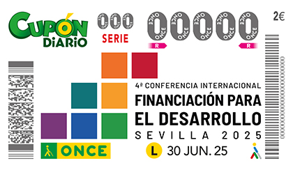 Cupón de la ONCE dedicado a la Cuarta Conferencia Internacional sobre Financiación para el Desarrollo, en Sevilla