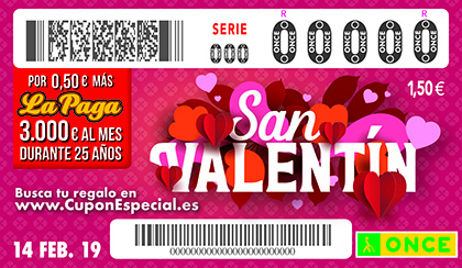 Cupón de la ONCE dedicado a San Valentín 2019