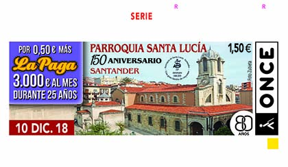 Cupón de la ONCE dedicado al 150 aniversario de la Parroquia de Santa Lucía de Santander101218