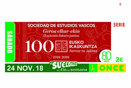 Cupón de la ONCE dedicado a los 100 años Sociedad de Estudios Vascos