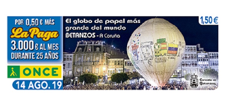 Cupón de la ONCE dedicado al Globo de papel más grande del mundo, en Betanzos 140819