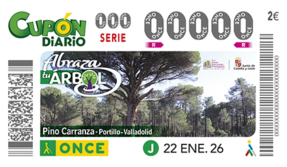 Cupón de la ONCE dedicado al Pino Carranza, de Portillo, Valladolid