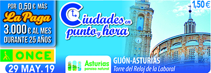 Cupón de la ONCE dedicado al Reloj de La Laboral, de Gijón