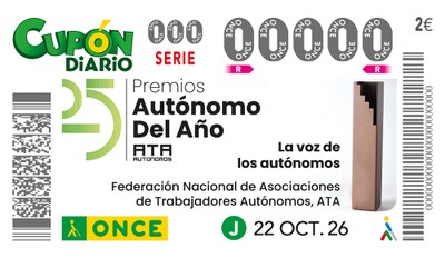 Cupón de la ONCE dedicado a la 25 edición de los Premios Autónomo del Año, de ATA Cupón de la ONCE dedicado a la 25 edición de los Premios Autónomo del Año, de ATA