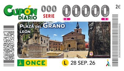 Cupón de la ONCE dedicado a la Plaza del Grano, León Cupón de la ONCE dedicado a la Plaza del Grano, León