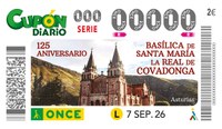 Cupón de la ONCE dedicado al 125 aniversario de la Basílica Santa María la Real de Covadonga
