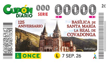Cupón de la ONCE dedicado al 125 aniversario de la Basílica Santa María la Real de Covadonga