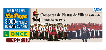 Cupón de la ONCE dedicado a la Comparsa de Piratas de Villena 040919