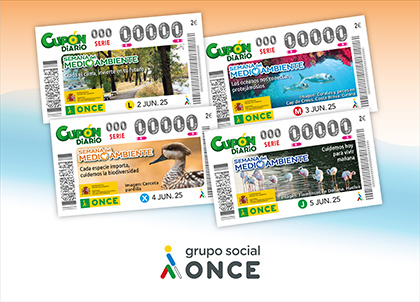 Cartel con los cuatro cupones de la ONCE dedicados a la Semana del Medioambiente 2025