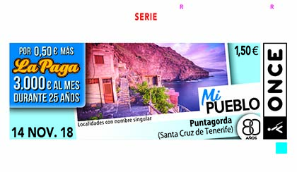 Cupón de la ONCE del 14 del 11 2018, dedicado a Punta Gorda (Santa Cruz de Tenerife)