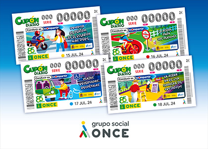 Cartel con los cuatro cupones de la ONCE dedicados a consejos de la DGT