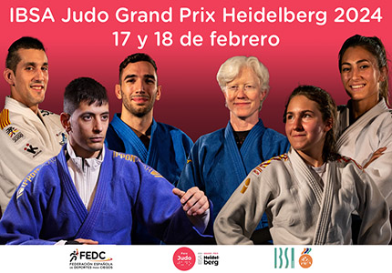 Cartel con los cuatro judokas españoles participantes y los entrenadores