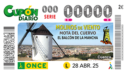 Cupón de la ONCE dedicado a los Molinos de Viento de Mota del Cuervo, Cuenca