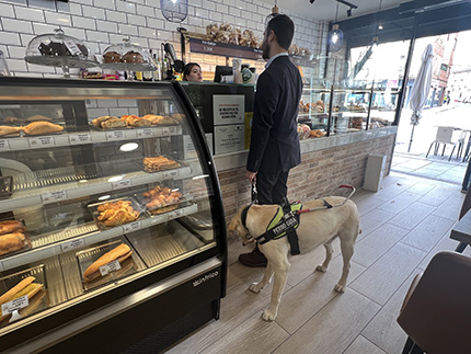 Usuario de perro guía en el mostrador de una pastelería 