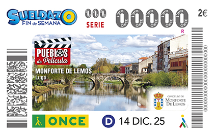 Cupón de la ONCE dedicado a Monforte de Lemos en la serie Pueblos de Película