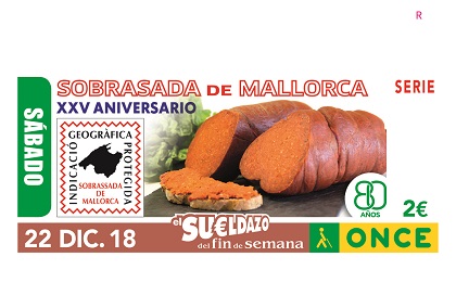 Cupón de la ONCE dedicado a los 25 años del Consejo Regulador de la Sobrasada de Mallorca 221218