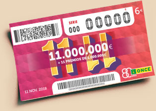 Cupón preimpreso del Sorteo del 11/11 de la ONCE. Por 6 €, un premio de 11.000.000 € + 11 premios de 1.000.000 € + 11 premios de 111.000 €