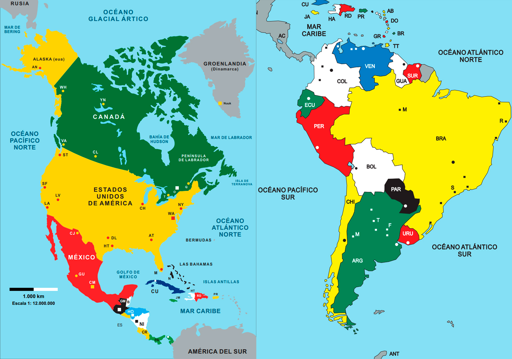 Mapa político de América en horizontal