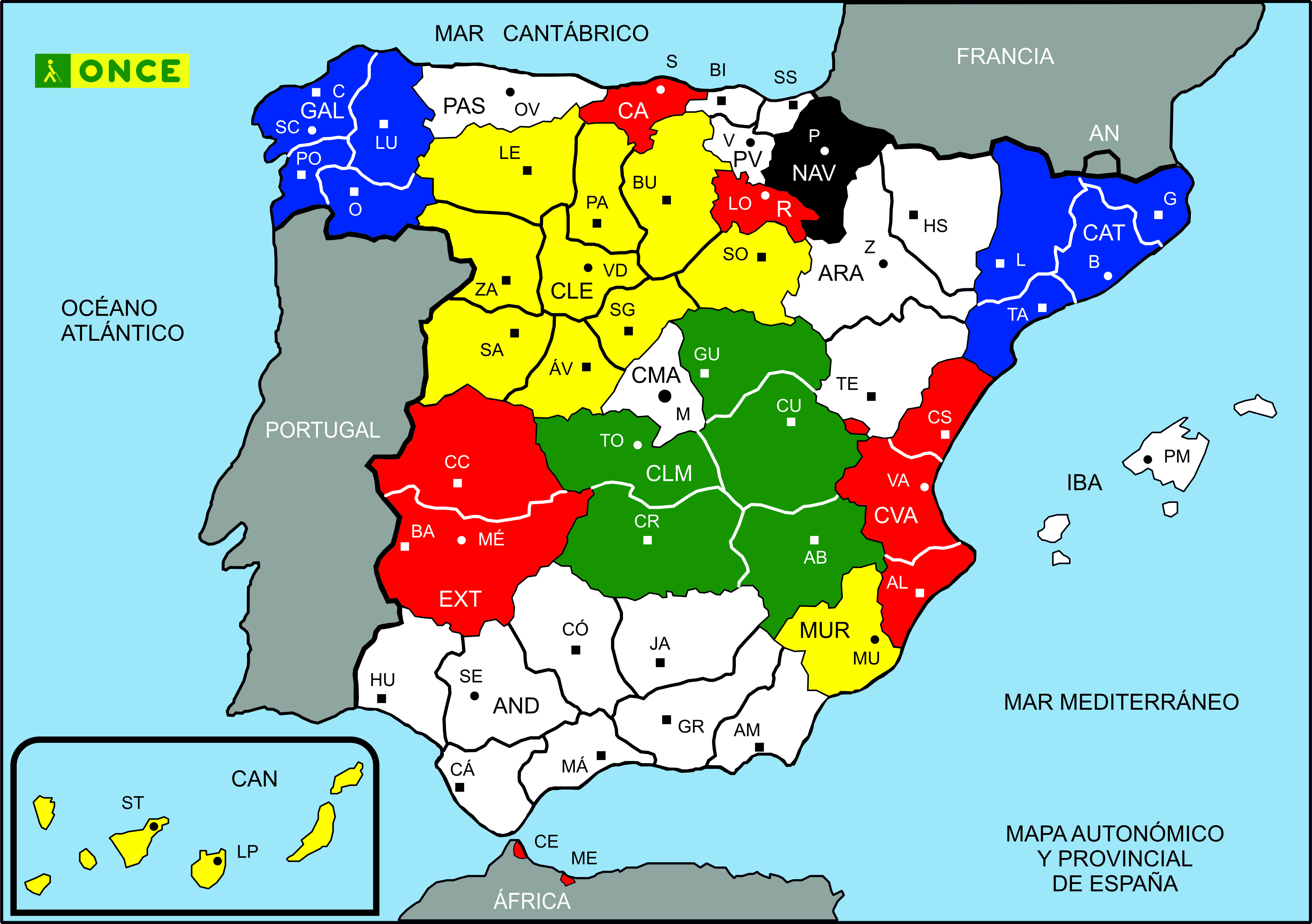 Mapa de España accesible, autonomías y provincias