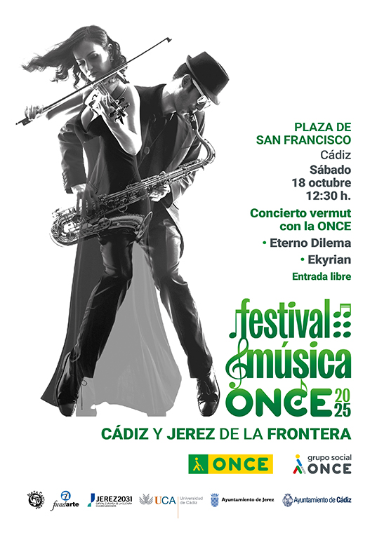 Cartel concierto "Concierto vermut con la ONCE" en la Plaza San Francisco de Cádiz, el 18 de octubre a las 12:30 horas.