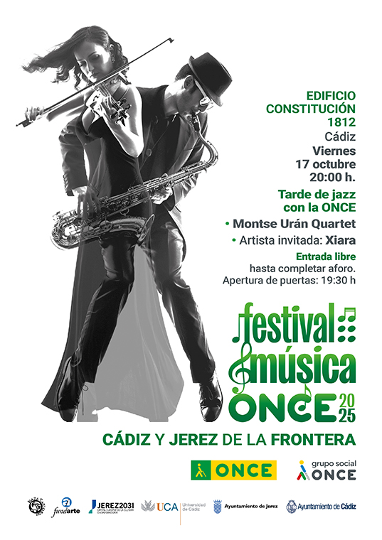 Cartel concierto "Tarde de jazz con la ONCE" en edificio Constitución 1812, el 17 de octubre a las 20:00 horas.